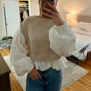 SHOP THESE THREE- Woven Knit Balloon Sleeve Top-Light Taupe